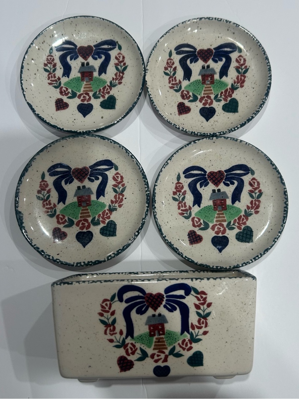 VTG Ceramic Farmhouse Coasters With Holder Cottagecore 4ct Flaw Read